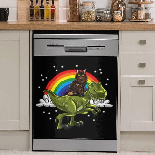 T Rex Dino Maine Cat Rainbow Feline Cat Lover Dish Washer Covers