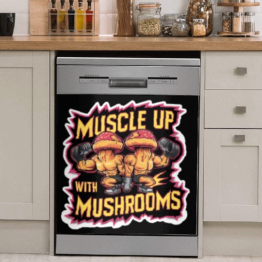 Muscle Up Mushroom Vintage Neon Line Comic Retro Dish Washer Covers