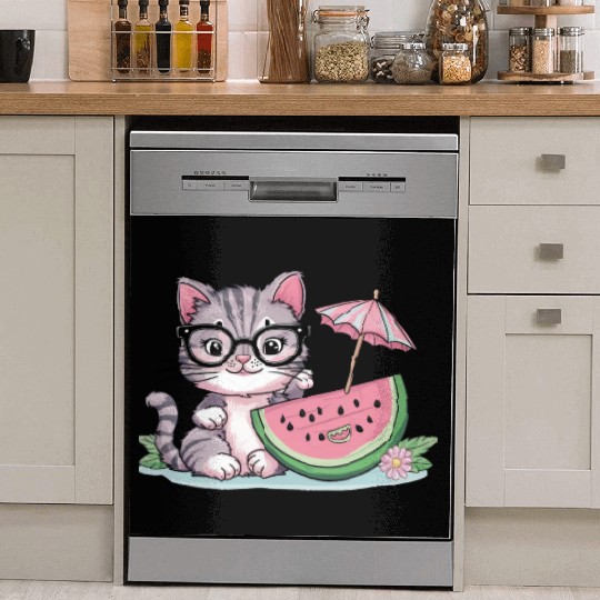 cute kitten an watermelon slice vector illustratio Dish Washer Covers