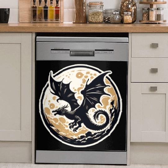Mystical Dragon Silhouette Against Full Moon Dish Washer Covers