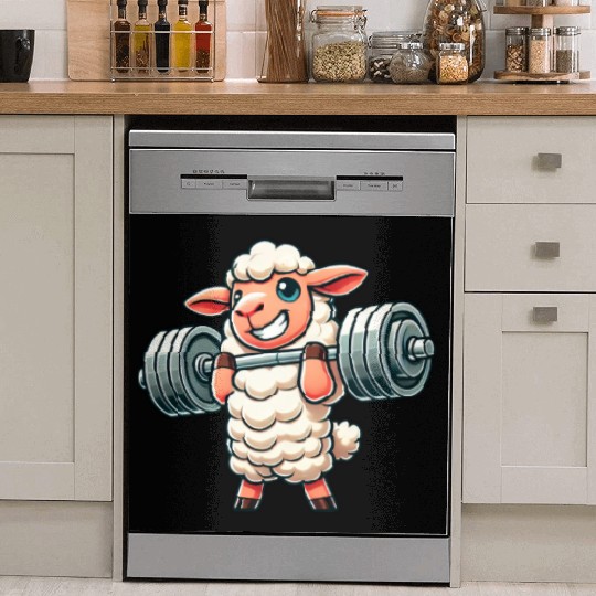 Cute sheep lamb weightlifter fitness workout Dish Washer Covers