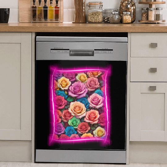 Flower design framed by neon lights Dish Washer Covers