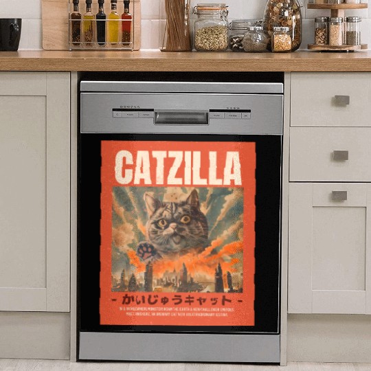 Catzilla Vintage Japanese Funny Angry Cat Dish Washer Covers