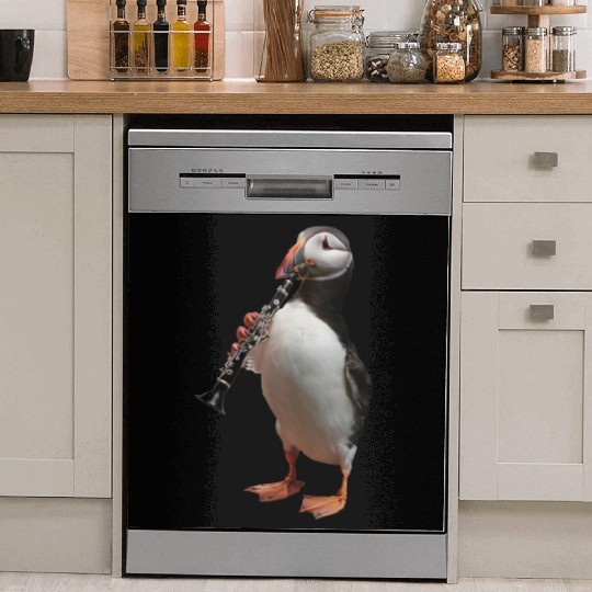 Atlantic Puffin Playing Clarinet Realistic Dish Washer Covers