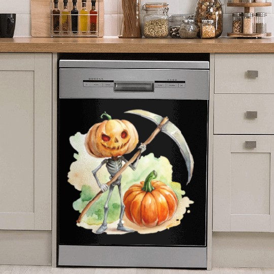 Pumpkin headed skeleton wielding a menacing scythe Dish Washer Covers