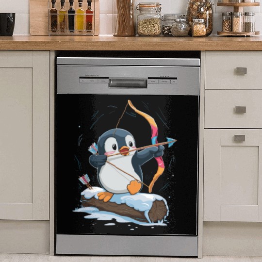 Penguin Archer Aiming in Winter Snow Scene Dish Washer Covers