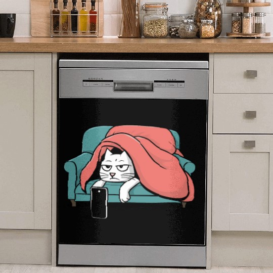 Bored Cat on Couch With Smart Phone Dish Washer Covers