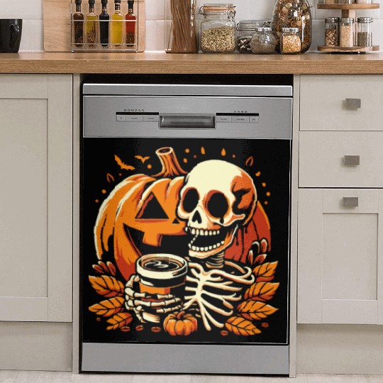 Coffee Drinking Skeleton Pumpkin Halloween Costume Dish Washer Covers