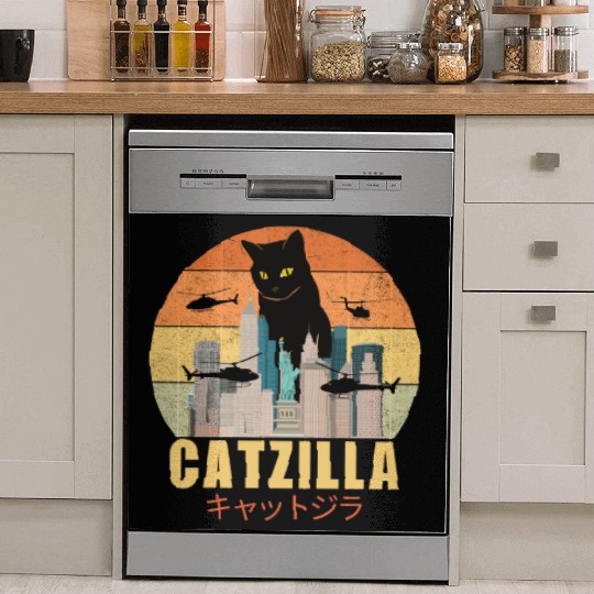 Retro Vintage Catzilla Japanese Cute Cat Lover Dish Washer Covers