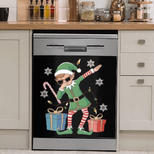 Dabbing Elf with Candy Cane and Gifts Dish Washer Covers