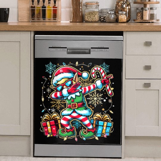 Dabbing Elf with Candy Cane and Presents Dish Washer Covers