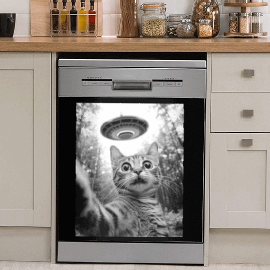 Funny Cat UFO Alien Abduction Cat Selfie Meme Dish Washer Covers