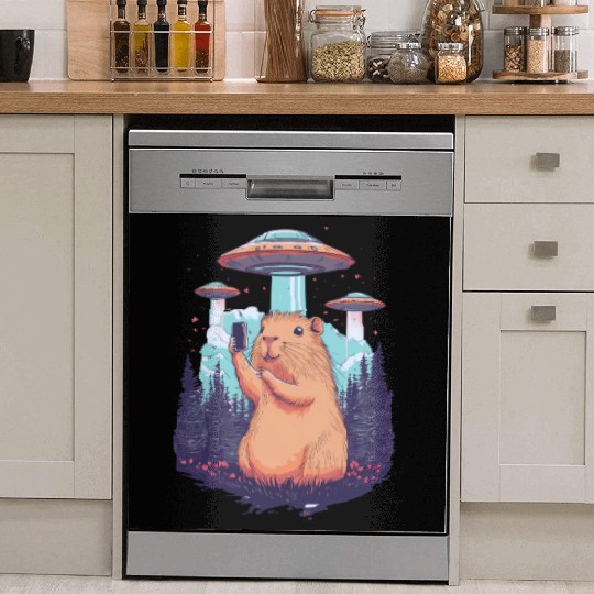 Funny Graphic Dish Washer Covers Capybara Selfie With Ufos Weird
