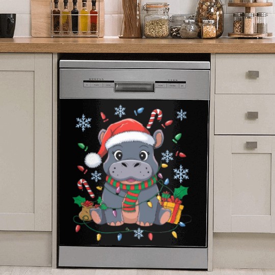 Cute Christmas Hippo - Holiday Lights and Gifts Dish Washer Covers