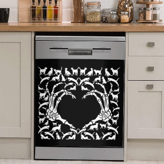 Skeletal Cat-titude: A Spooky Love Dish Washer Covers