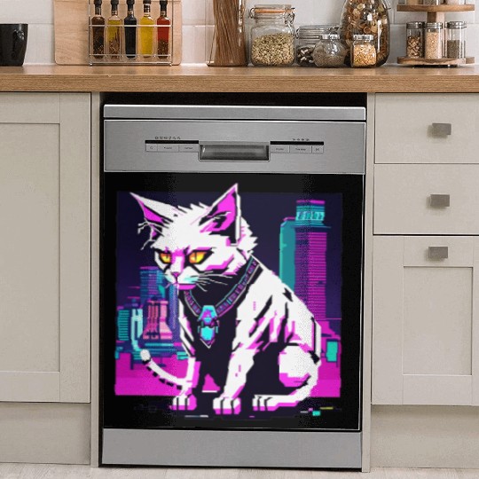 Neon Cyberpunk Cat Dish Washer Covers