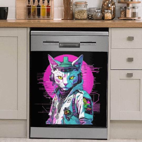 Neon Cyberpunk Warrior Cat Dish Washer Covers