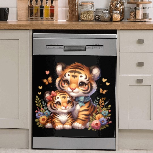 Adorable Tiger Cubs Surrounded by Butterflies and Dish Washer Covers