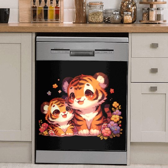 Adorable Tiger Cubs Surrounded By Flowers Dish Washer Covers