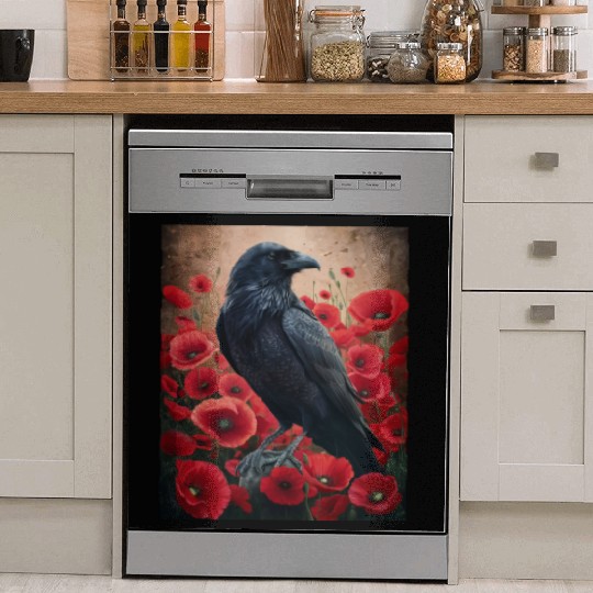Raven Red Poppies Gothic Nature Art natural Dish Washer Covers