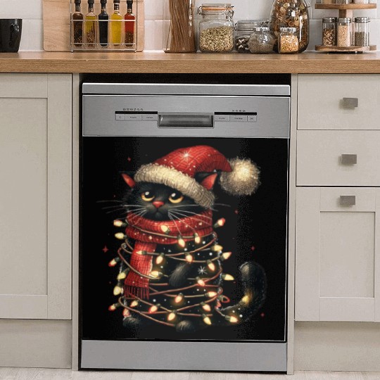 Black Cat In Christmas Light, Cat Lights Dish Washer Covers