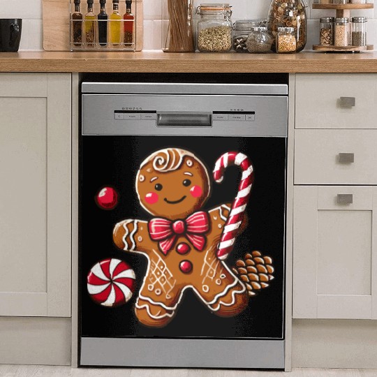Happy gingerbread man with candy cane Dish Washer Covers