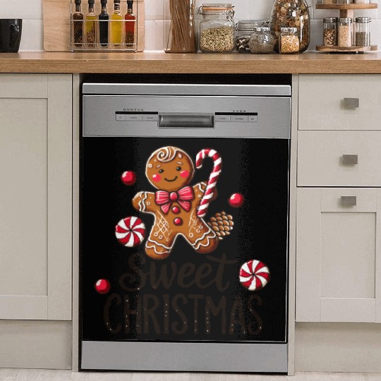 Happy gingerbread man with candy cane Dish Washer Covers