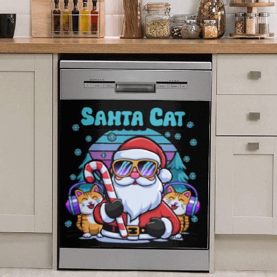 Retro Santa Cartoon - Cool Cats & Candy Cane Vibes Dish Washer Covers