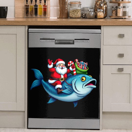 Santa on Bass Merry Fishmas Fishing Christmas Dish Washer Covers