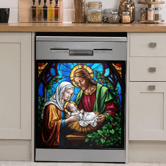 Holly family cristal stained glass image Dish Washer Covers