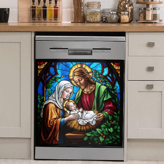 Holly family cristal stained glass image Dish Washer Covers
