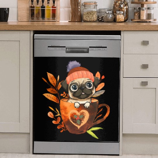Pug in A Coffee Cup with Christmas Dish Washer Covers