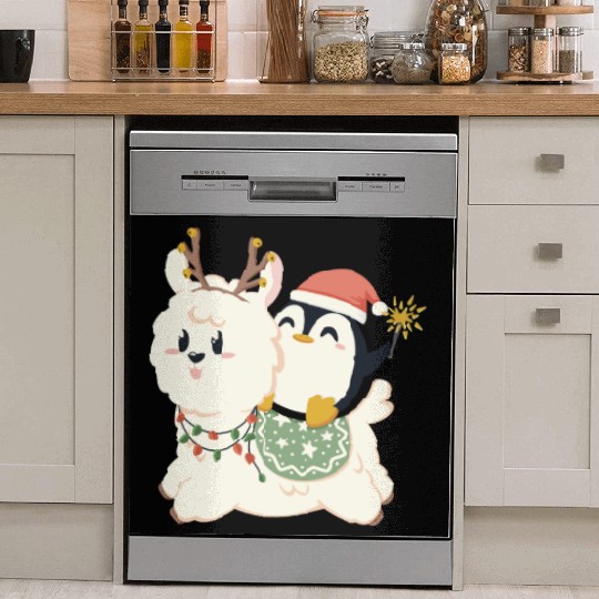 Alpaca and penguin celebrate Christmas Dish Washer Covers