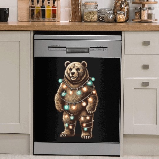 Funny Bear Wrapped With Fairy Lights Dish Washer Covers