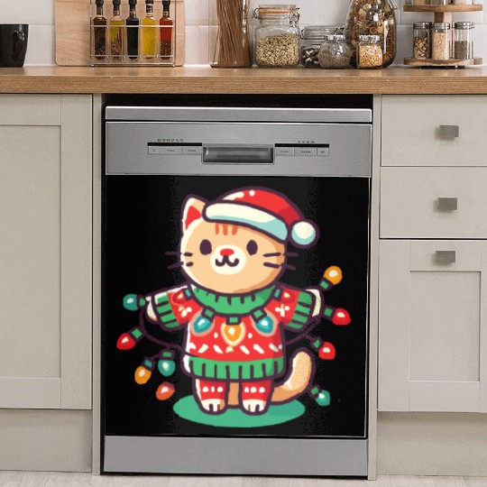 Christmas Cat With Fairy Lights Dish Washer Covers