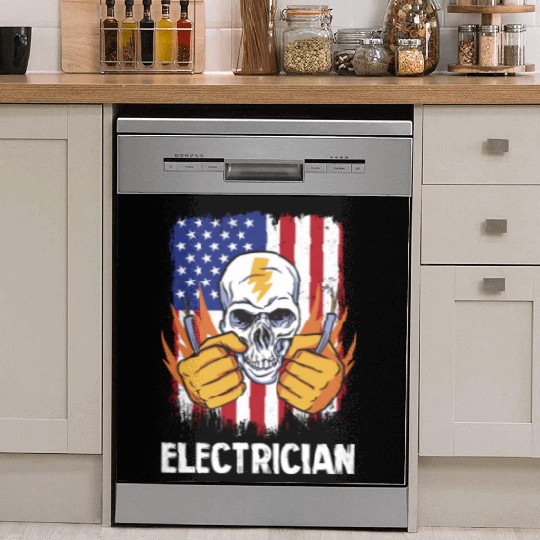 Electrician Skull with American Flag Background Dish Washer Covers