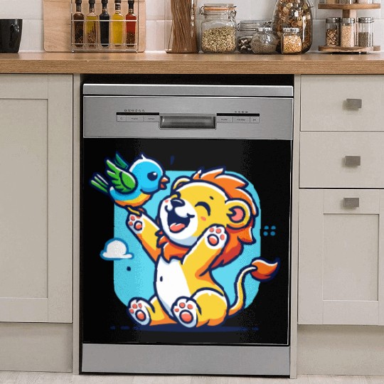 cute lion cub playing with a colorful bird Dish Washer Covers