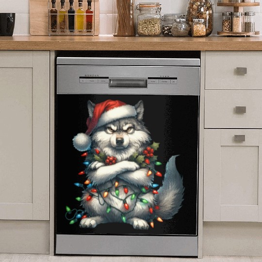 Wolf with Santa Hat and Christmas Lights Design Dish Washer Covers