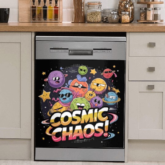 Chaotic Cartoonish Galaxy with Whimsical Character Dish Washer Covers