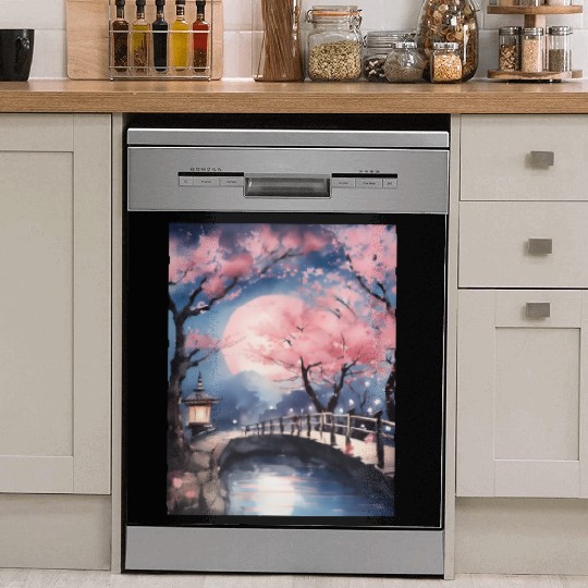 Watercolor cherry blossom festival full moon Dish Washer Covers