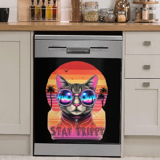 Stay Trippy Psychedelic Cat with Neon Sunglasses Dish Washer Covers