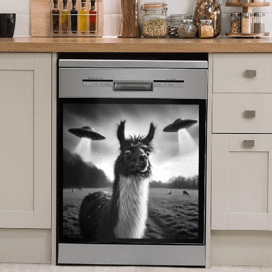 Llama alpaca Funny Graphic Selfie with UFOs Weird Dish Washer Covers