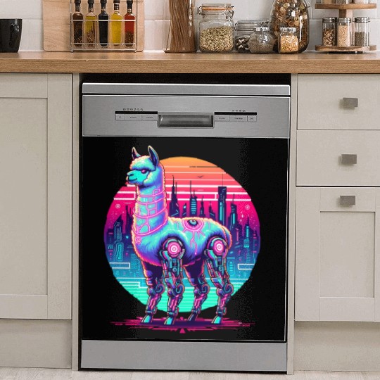 Futuristic Cyber Llama in Neon Cityscape Dish Washer Covers