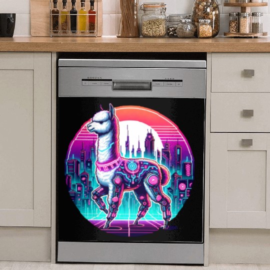 Cyberpunk Alpaca In Futuristic Cityscape Dish Washer Covers