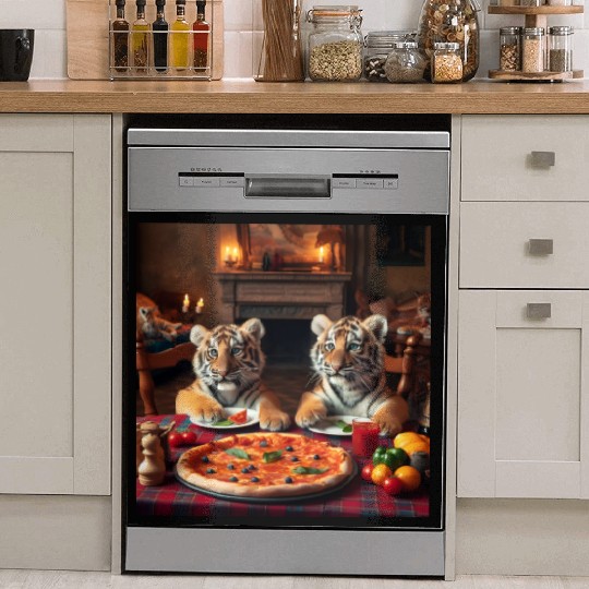 Tiger Cubs eating pizza Dish Washer Covers