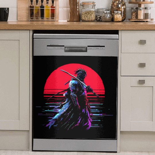 Cyberpunk Samurai Warrior Under Neon Moon Dish Washer Covers