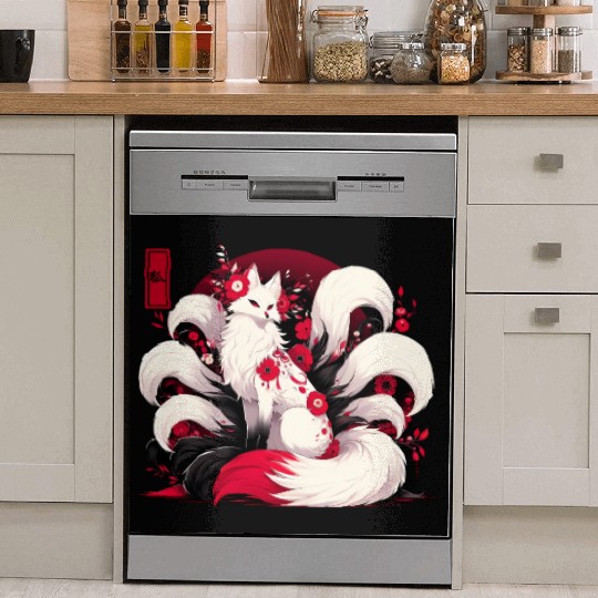 Kitsune Fox Red spider lily Flowers Japanese Nine Dish Washer Covers