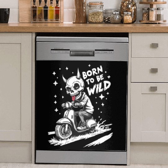 Born to Be Wild - Skull Devil on Scooter Dish Washer Covers