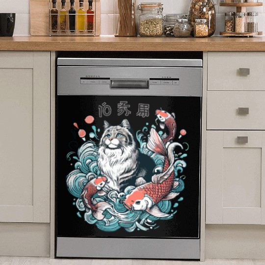 Flow with Grace - Majestic Cat & Koi Fish Dish Washer Covers