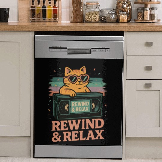 Rewind & Relax Retro Cat Vibes 80s 90s vhs TV Dish Washer Covers